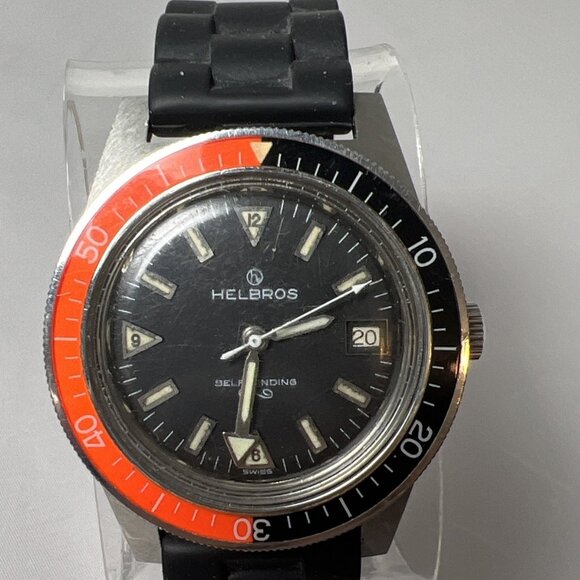 Vintage Helbros Elgin 351 Self Winding Steel Diver Date Watch 38mm 25 J Serviced - Picture 1 of 10